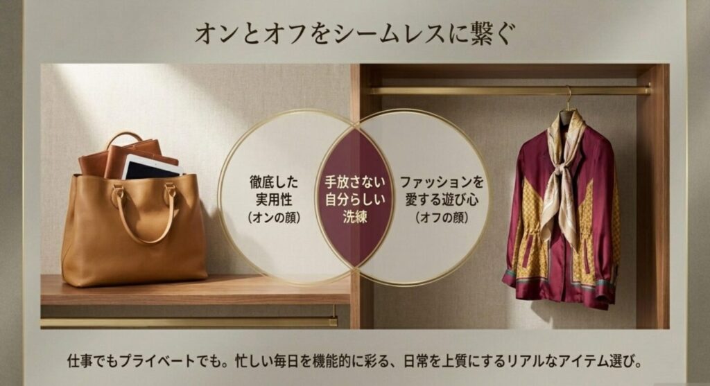 オンとオフをシームレスに繋ぐ実用性と遊び心のあるワードローブ