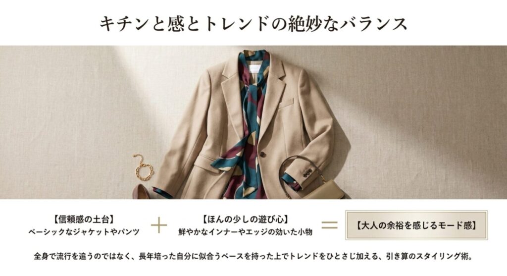 キチンと感とトレンドの絶妙なバランスを取り入れたコーディネート