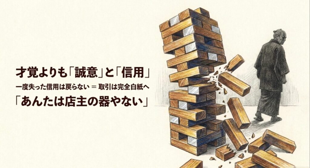 才覚よりも誠意と信用。崩れ落ちるジェンガのイラスト