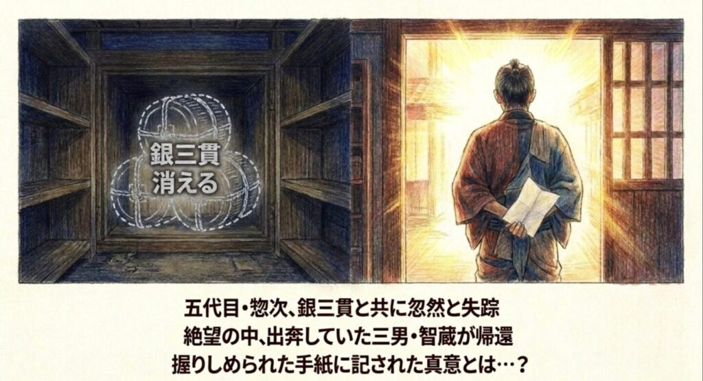 銀三貫と共に忽然と失踪した五代目・惣次と帰還した智蔵