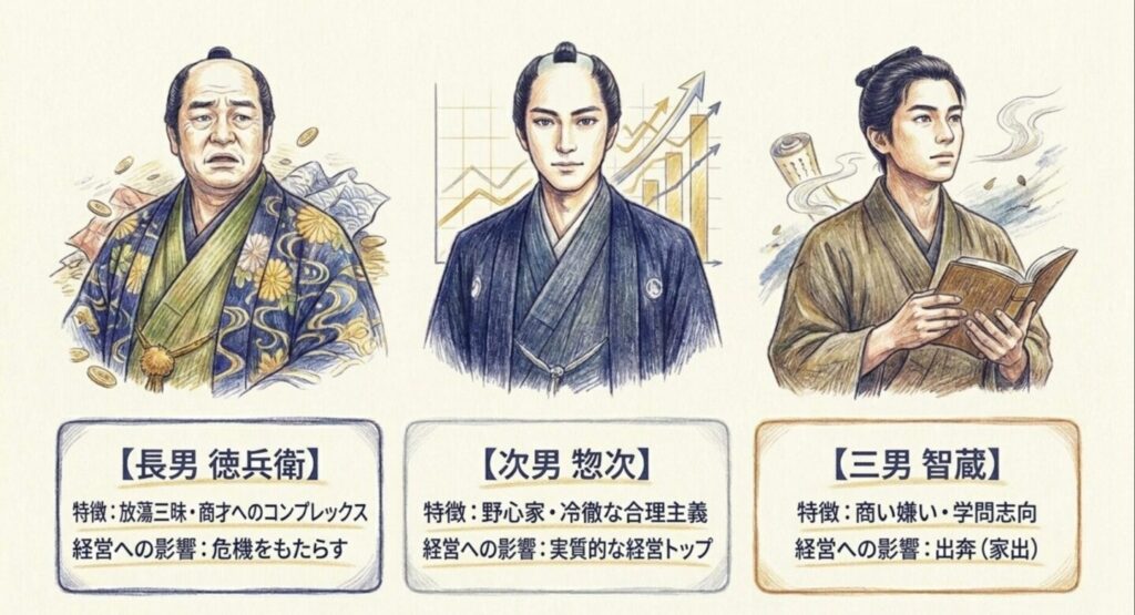 長男徳兵衛、次男惣次、三男智蔵の特徴と経営への影響