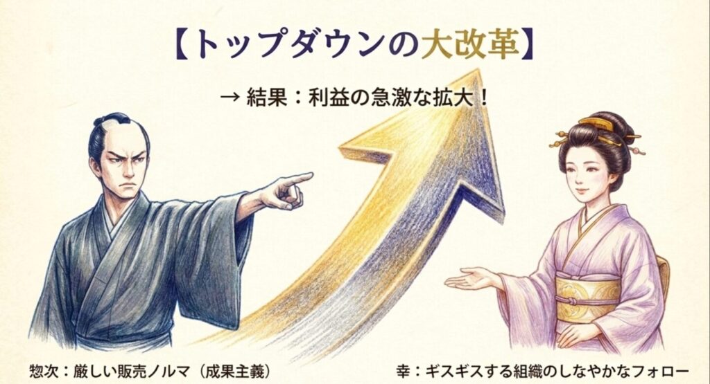 惣次の成果主義と幸のしなやかなフォローによる改革