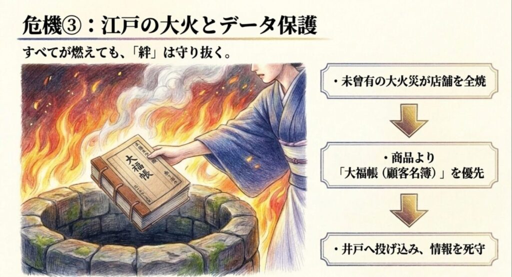 大火災から大福帳を井戸へ投げ込み死守する姿