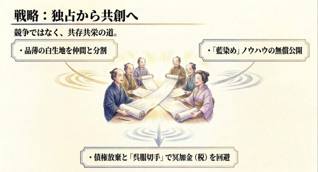 白生地の分割と藍染めノウハウの無償公開
