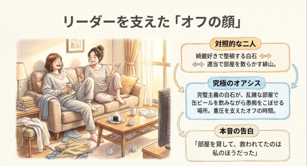 リーダー白石恵を支えた緋山との同居部屋でのオフの顔