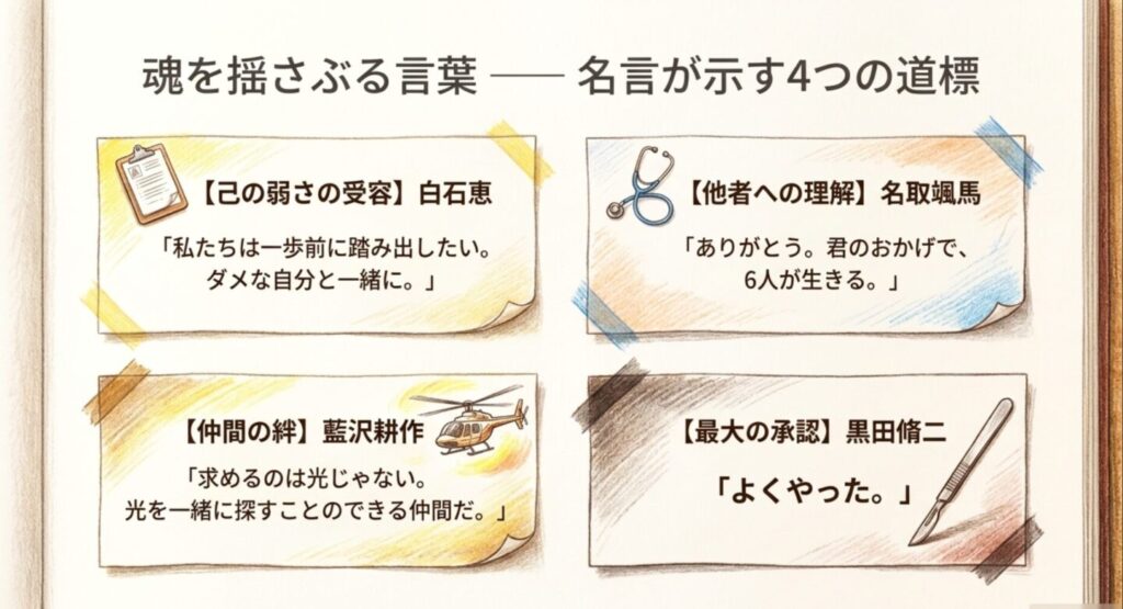 白石、名取、藍沢、黒田の名言が書かれたスライド画像