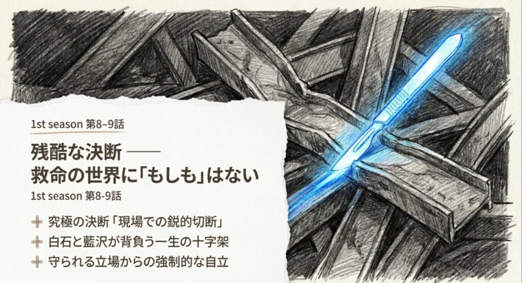 瓦礫と鉄骨の上に置かれた光るメスのイラスト