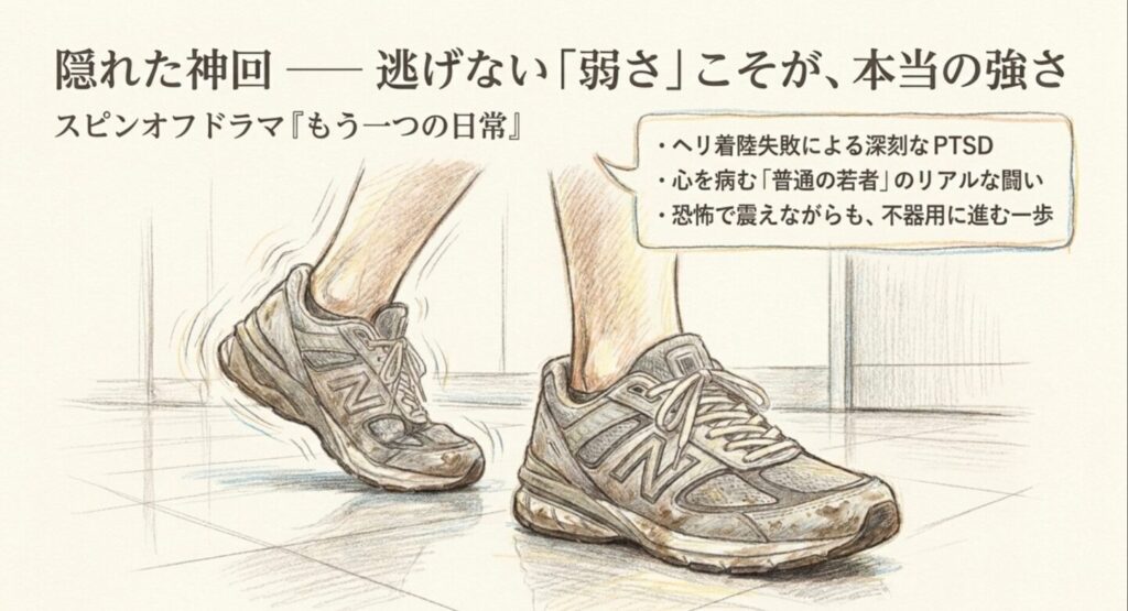 震える足元とスニーカーのイラスト