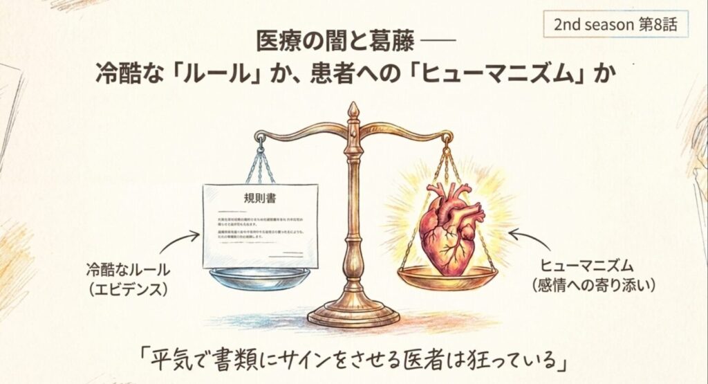 冷酷なルールを示す証書とヒューマニズムを示す心臓を天秤にかけたイラスト