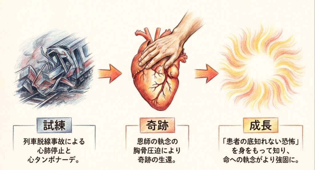列車脱線事故による心肺停止から恩師の胸骨圧迫で生還した緋山の試練
