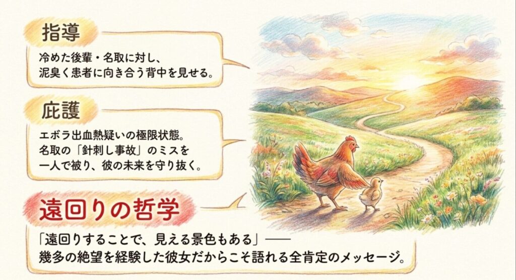 後輩の名取へ語る遠回りの哲学とエボラ感染疑いから庇護する指導医の姿