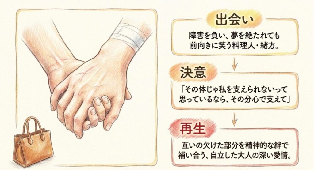 料理人の緒方と互いの欠点を補い合う自立した大人の恋愛