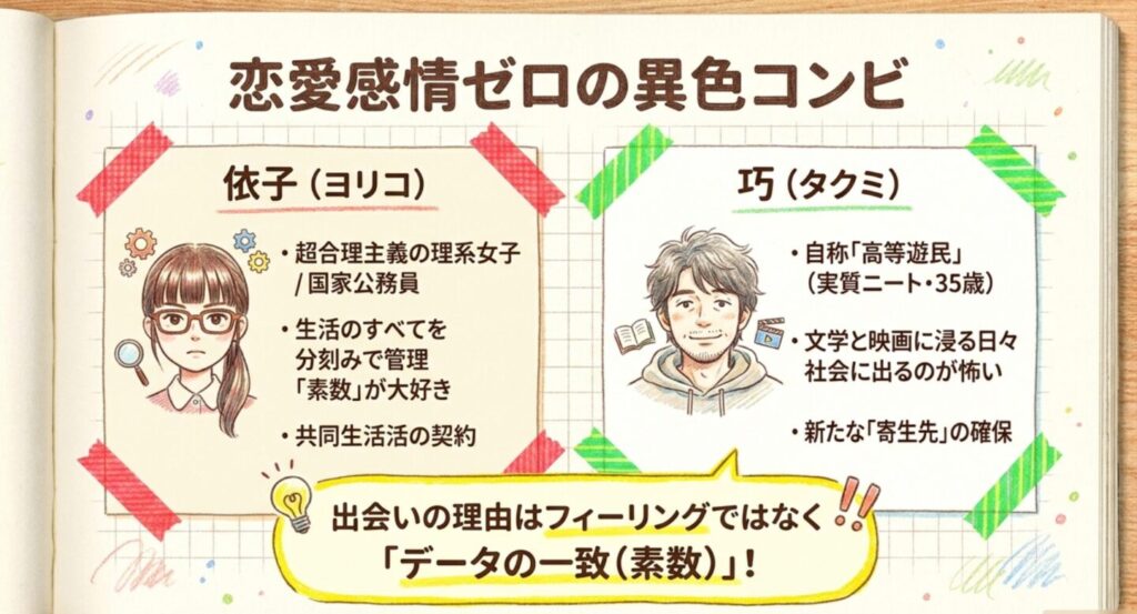 理系女子の依子と高等遊民の巧のキャラクタープロフィール