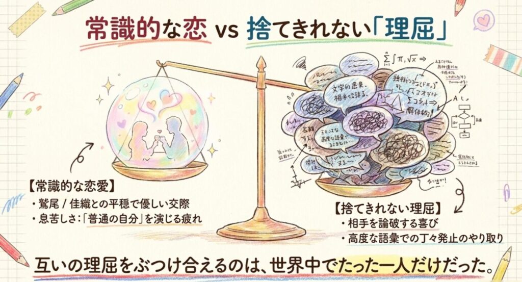 常識的な恋愛と捨てきれない理屈の間で葛藤する二人の脳内