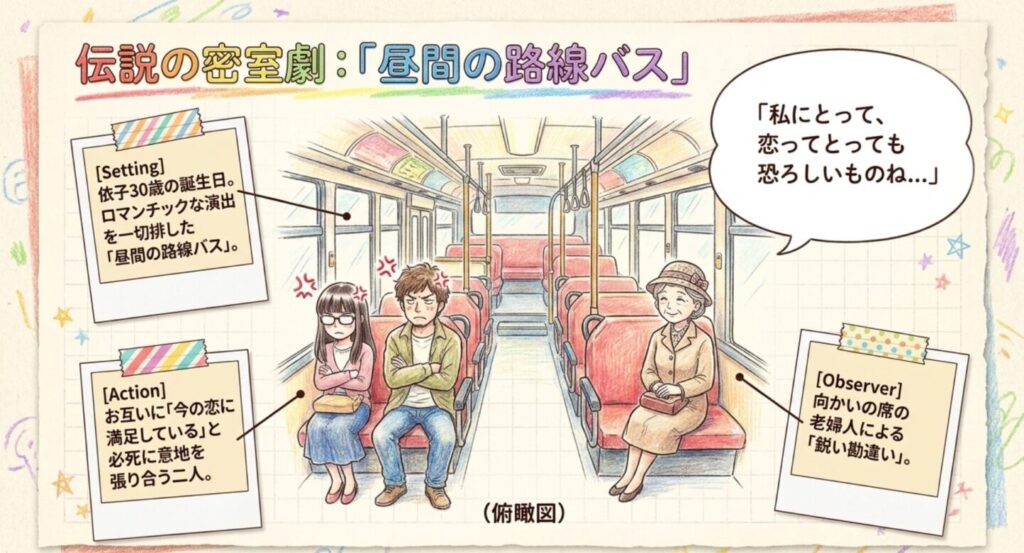 昼間の路線バスで向かいの老婦人と対峙する依子と巧