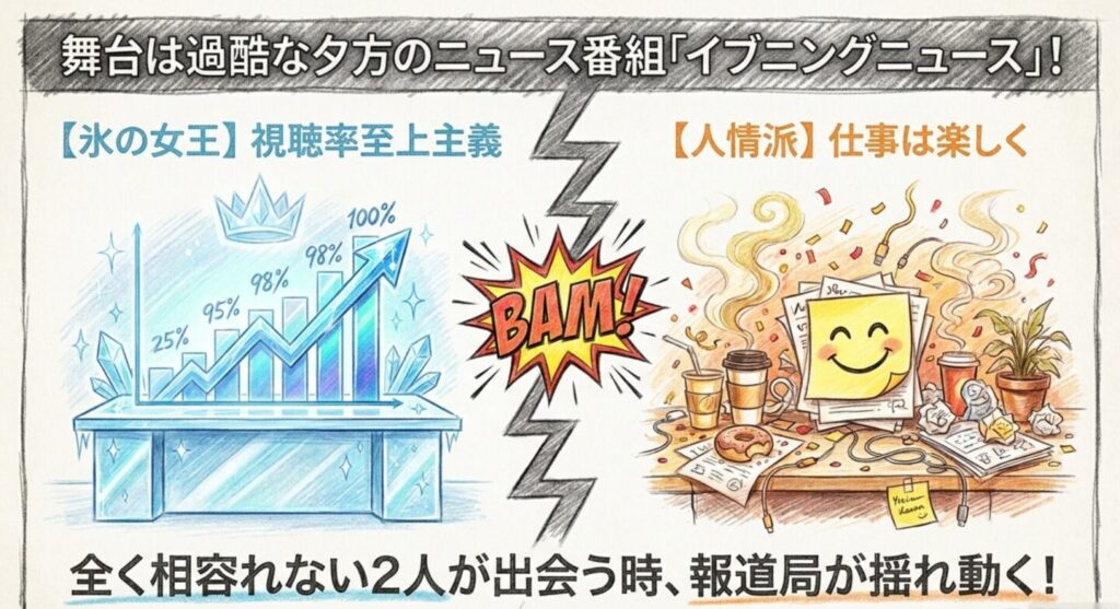 視聴率至上主義の鷹宮真と現場主義の永瀬洋海の対立