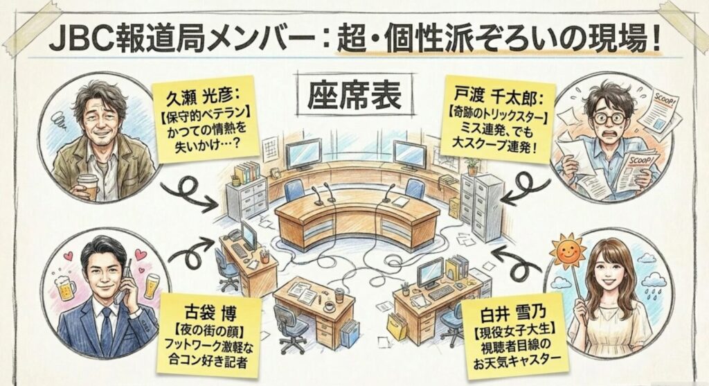 JBC報道局の個性豊かなメンバーたち(久瀬、戸渡、古袋、白井)