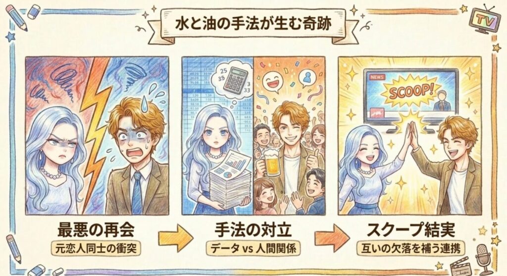 真と永瀬の相反する手法の対立からスクープが結実する奇跡