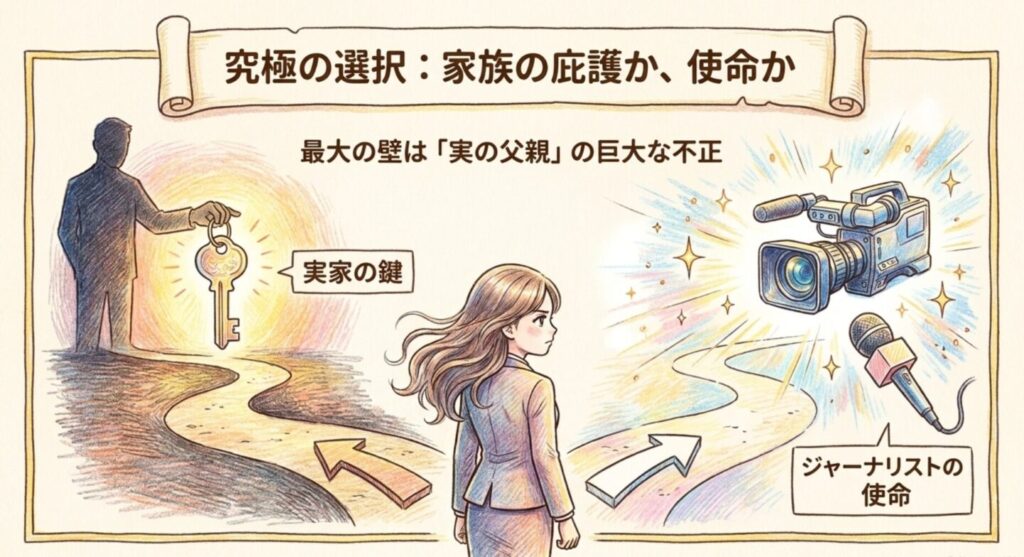 父親の不正に対し家族の庇護かジャーナリストの使命かを迫られる究極の選択