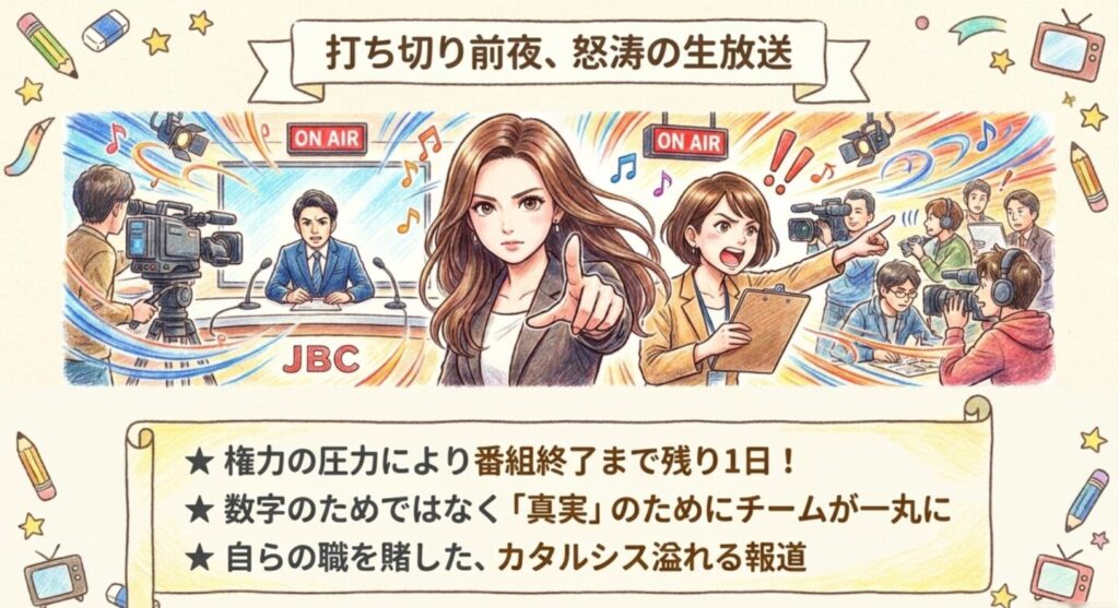 番組打ち切りの圧力が迫る中、真実のためにチームが一丸となる怒涛の生放送