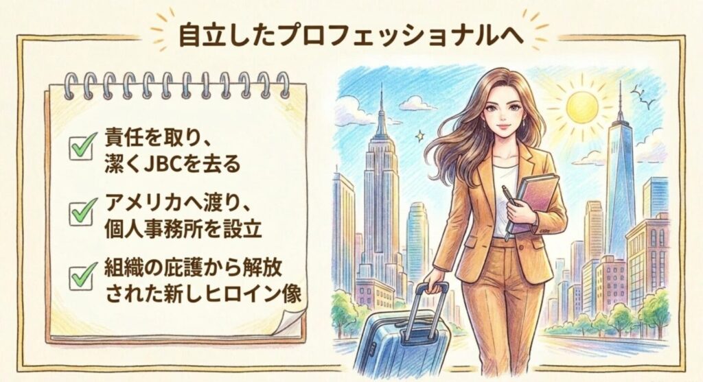 責任を取ってJBCを去り、アメリカで個人事務所を設立する自立した姿