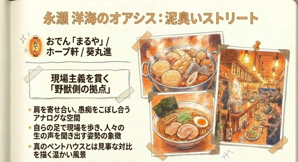 永瀬洋海の現場主義を象徴する大衆的なおでん屋