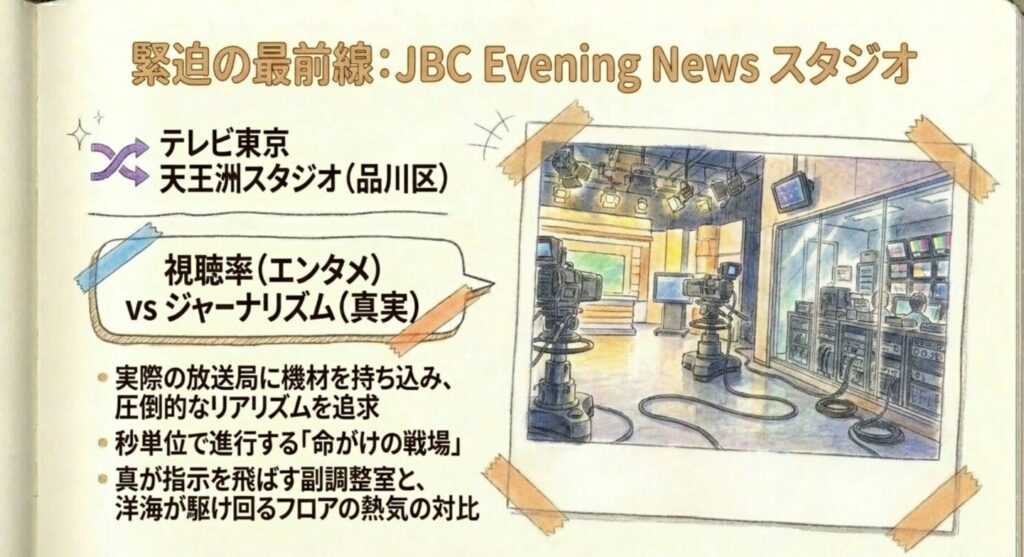 緊迫の最前線であるJBC Evening Newsスタジオ