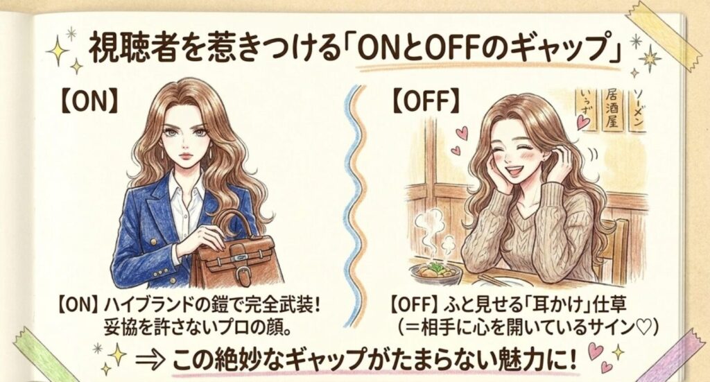 ハイブランドのONの姿と耳かけ仕草を見せるOFFのギャップ