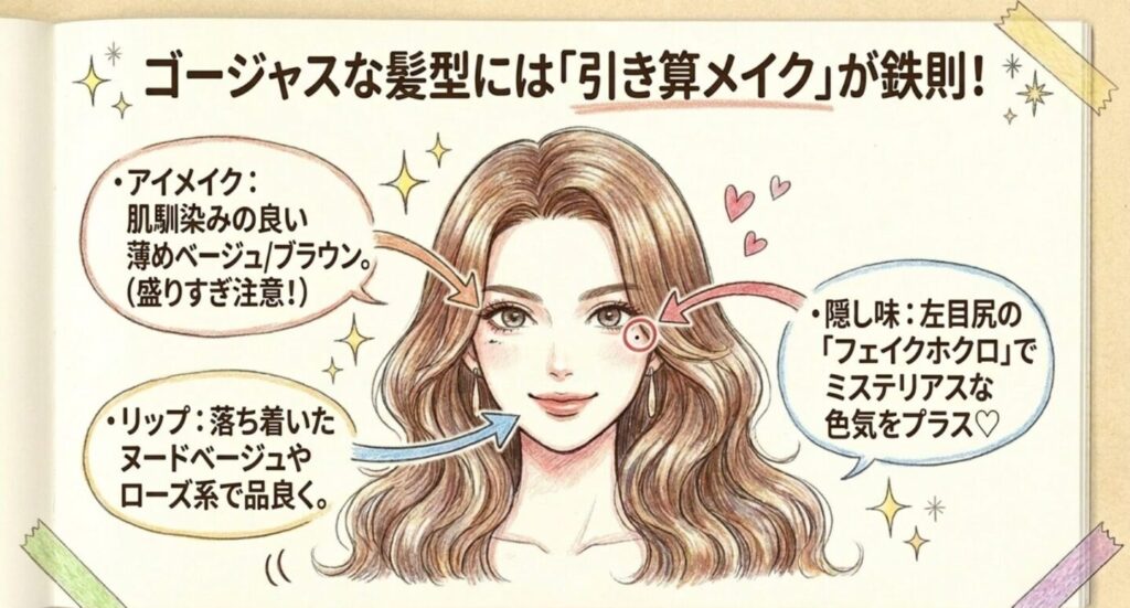 ゴージャスな髪型を引き立てるアイメイクやリップの引き算メイク術