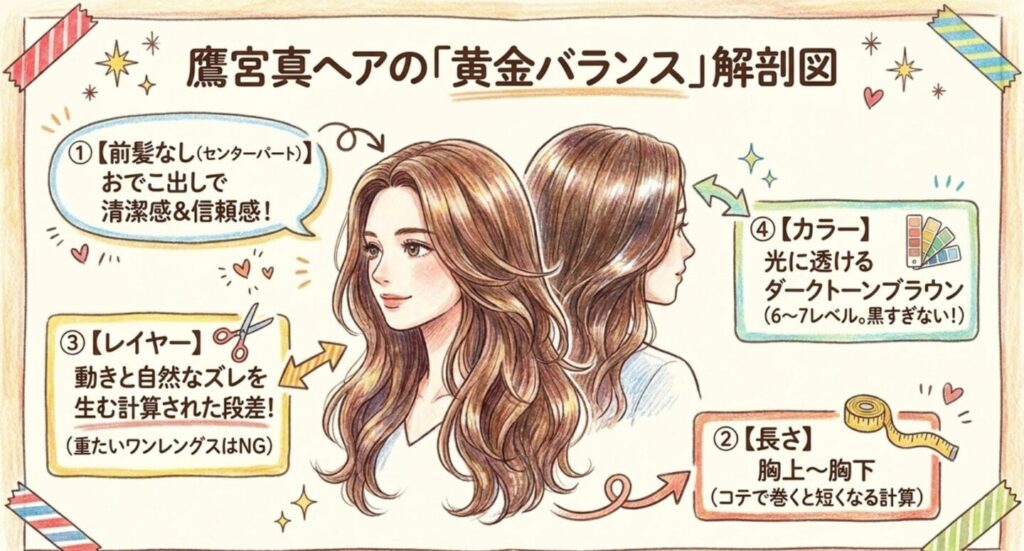 鷹宮真ヘアの黄金バランス（前髪なし、長さ、レイヤー、カラー）解剖図