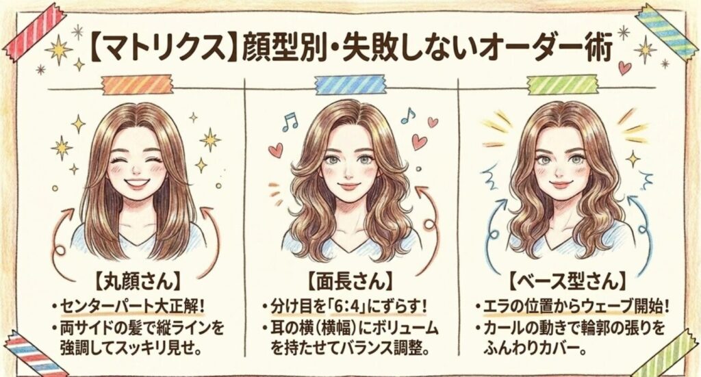 丸顔、面長、ベース型に合わせた顔型別オーダー術のマトリクス