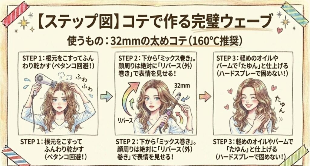32mmのコテを使ったリバース巻きとミックス巻きのステップ図