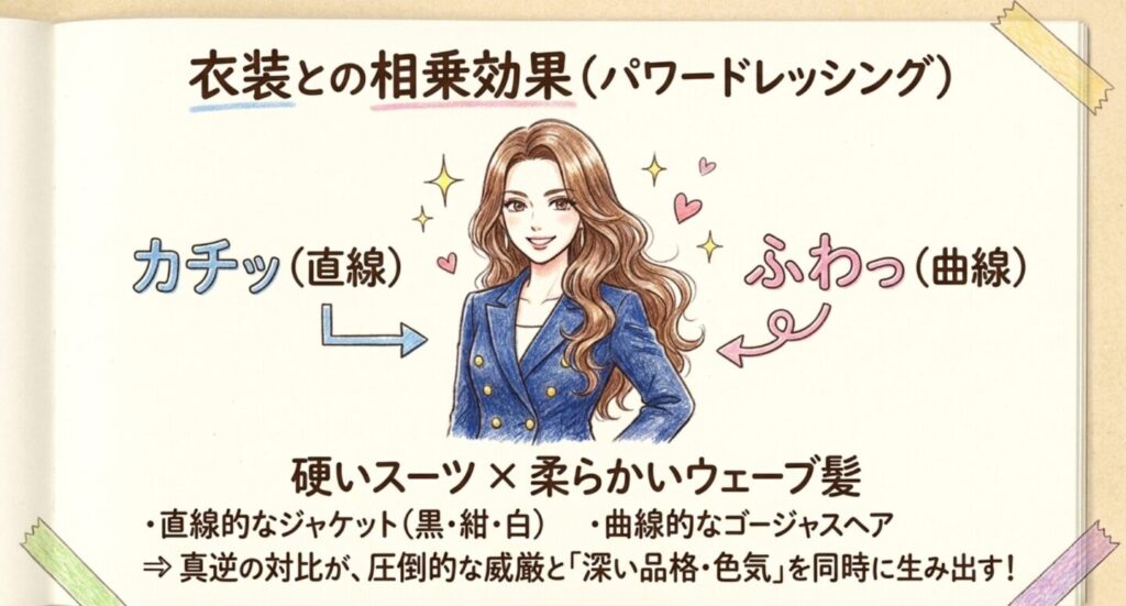 硬いスーツと柔らかいウェーブ髪によるパワードレッシングの相乗効果