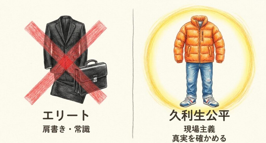 エリート検事のスーツ姿と久利生公平のオレンジダウンとジーンズ姿を比較し、現場主義と真実を確かめる姿勢を示した図