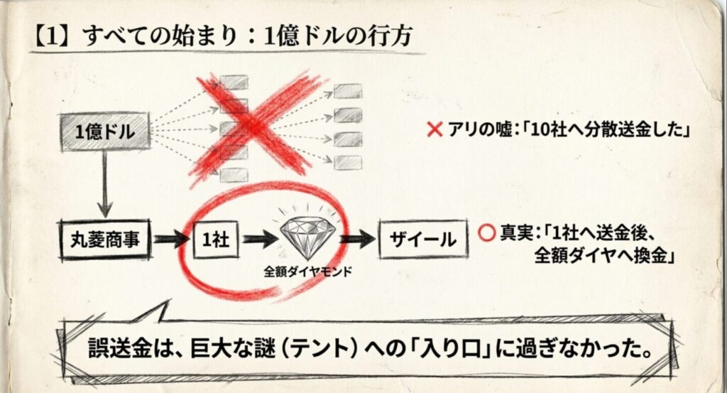 アリの10社への分散送金説明と実際の1社送金・全額ダイヤ換金・ザイールへの流れを比較した図