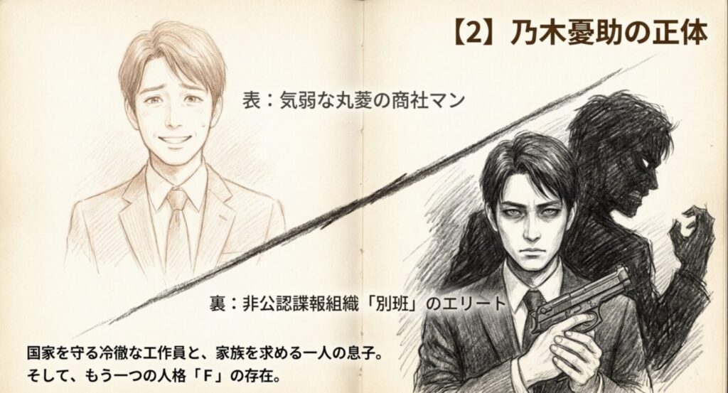 丸菱商事の商社マンと別班工作員という乃木憂助の二つの顔と別人格Fを示した図
