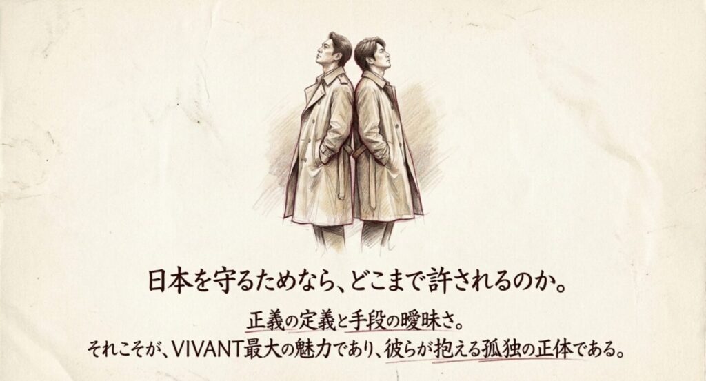 日本を守るためならどこまで許されるのかというVIVANT別班の正義と手段の曖昧さを表現したスライド