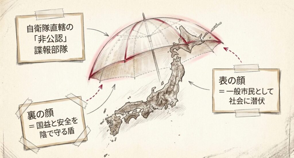 日本地図と傘の図で、VIVANTの別班が表では一般市民、裏では国益と安全を守る非公認組織として描かれる構造を示したスライド
