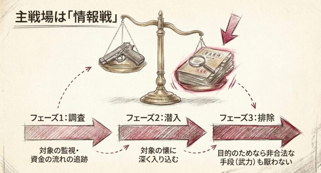 VIVANT別班の任務を調査、潜入、排除の流れで整理し、情報戦が主戦場であることを示したスライド