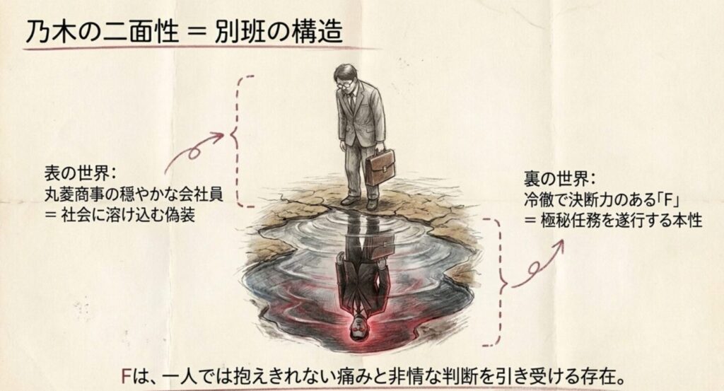 会社員としての乃木憂助と、別班任務で冷徹な判断を担うFの二面性を描いたスライド