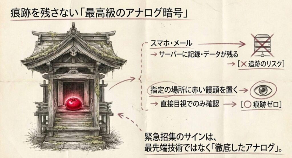 神社の祠に置かれた赤い別班饅頭が緊急招集のサインとなるアナログな連絡方法を解説したスライド