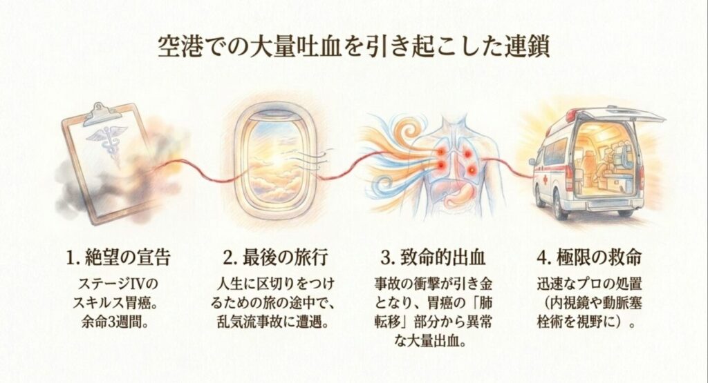 スキルス胃癌による空港での大量吐血を引き起こした連鎖