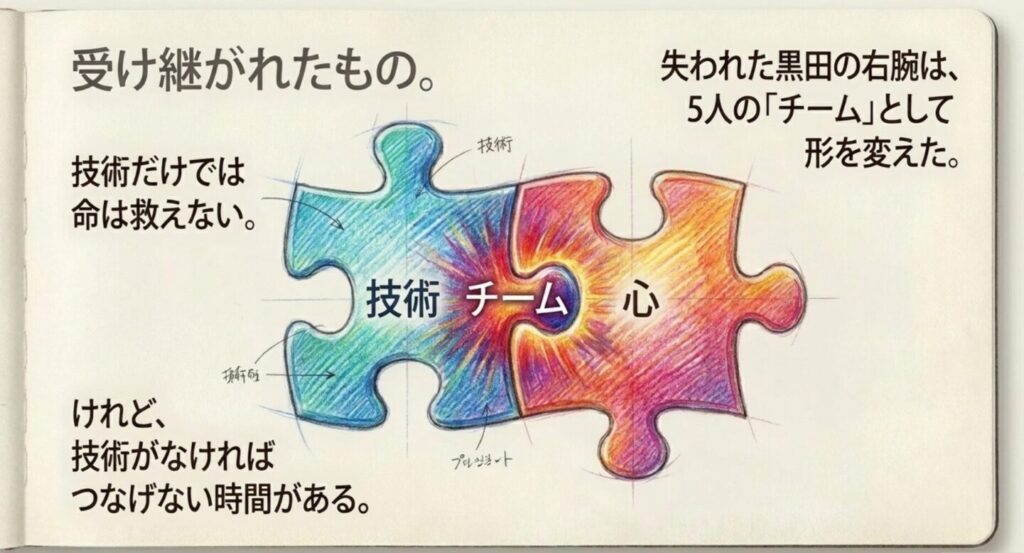 技術・チーム・心の三つがつながり命を救うコード・ブルー1st seasonのテーマ図解