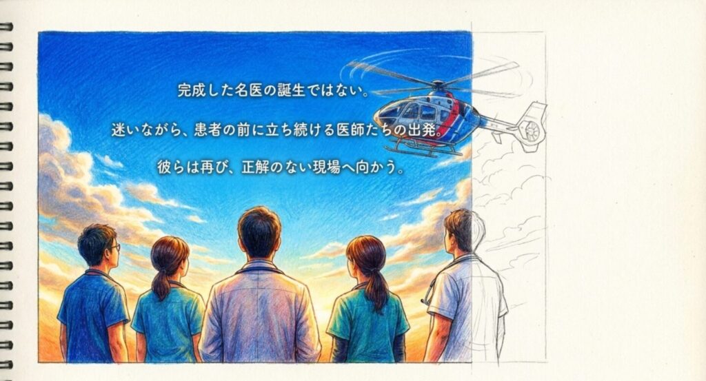 ドクターヘリを見上げる5人と迷いながら患者の前に立ち続ける最終回の結末を描いた図解