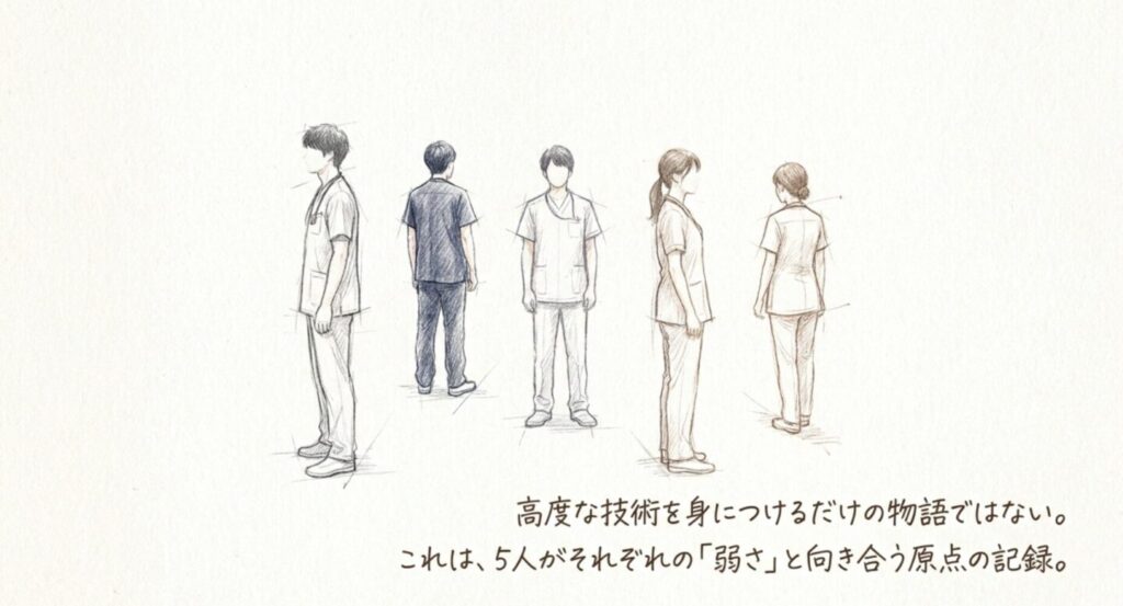 藍沢・白石・緋山・藤川・冴島の5人とそれぞれが向き合う弱さを描いた図解