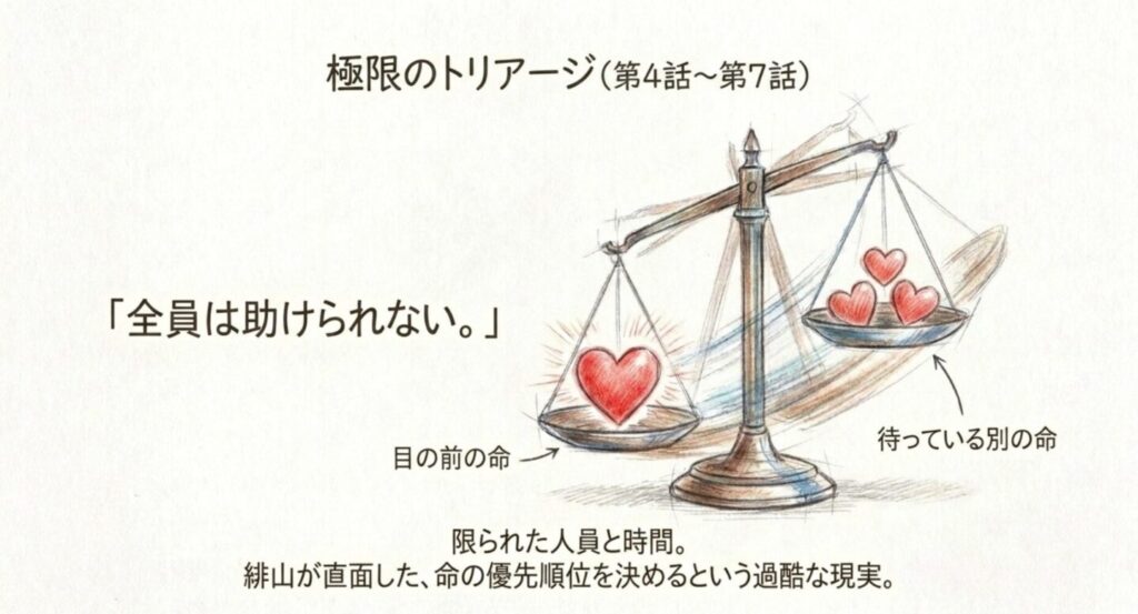 限られた時間と人員の中で救う命の優先順位を選ぶトリアージを天秤で表した図解