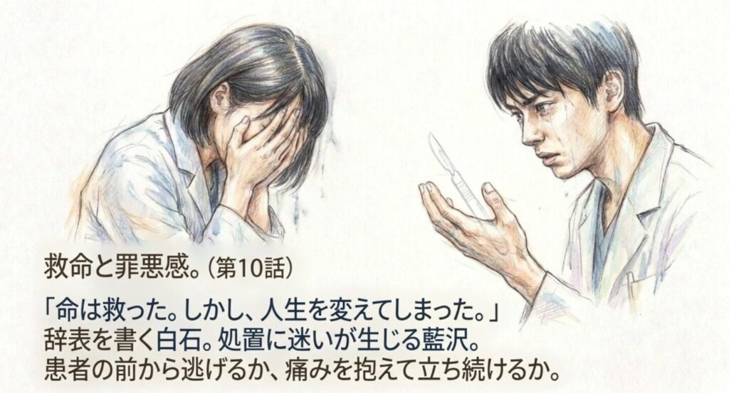 黒田の事故に罪悪感を抱く白石と処置への迷いが生じた藍沢を描いた図解