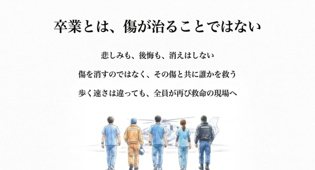 傷や後悔を抱えたまま5人が再び救命現場へ歩くコード・ブルー2ndの卒業テーマ図