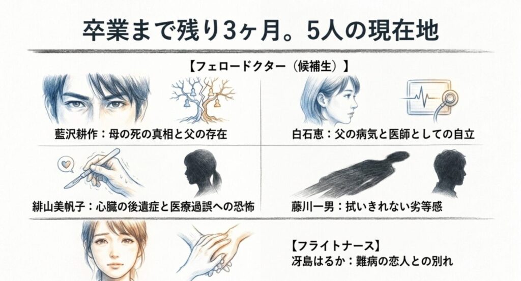 卒業まで残り3カ月の藍沢・白石・緋山・藤川とフライトナース冴島の課題一覧