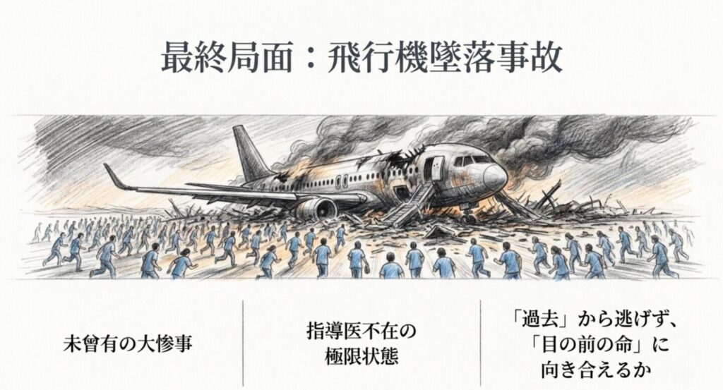 最終回へ続く飛行機墜落事故と未曽有の大惨事、指導医不在での救命を示すスライド